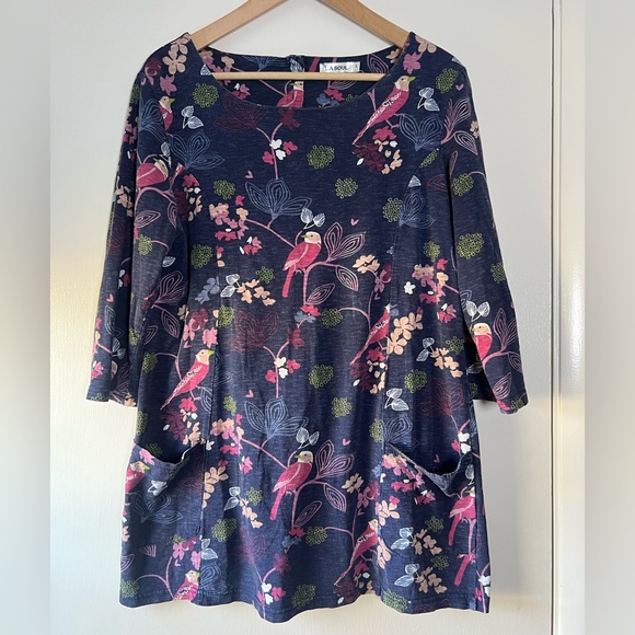 LA Soul Swing Tunic Top Elbow Sleeve Birds Floral Print Blue Pink Purple Large - Picture 1 of 9